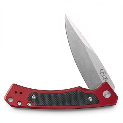 Razor Sharp AZ Case Marilla folding knife with a red anodized aluminum handle, black G-10 inlay, and stonewashed blade