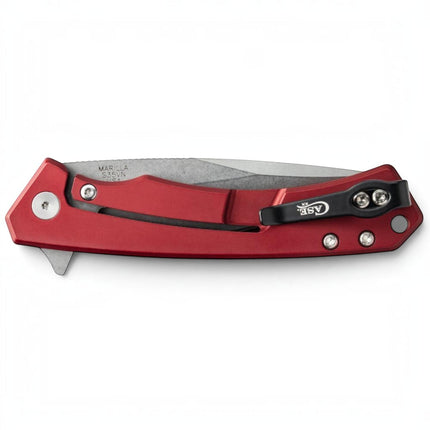 Razor Sharp AZ Case Marilla folding knife with red anodized aluminum handle, black G-10 inlay, and deep-carry clip.