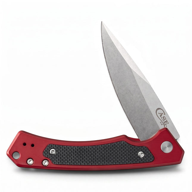 Razor Sharp AZ Case Marilla folding knife with red anodized aluminum handle, black G-10 inlay, and stonewashed blade.