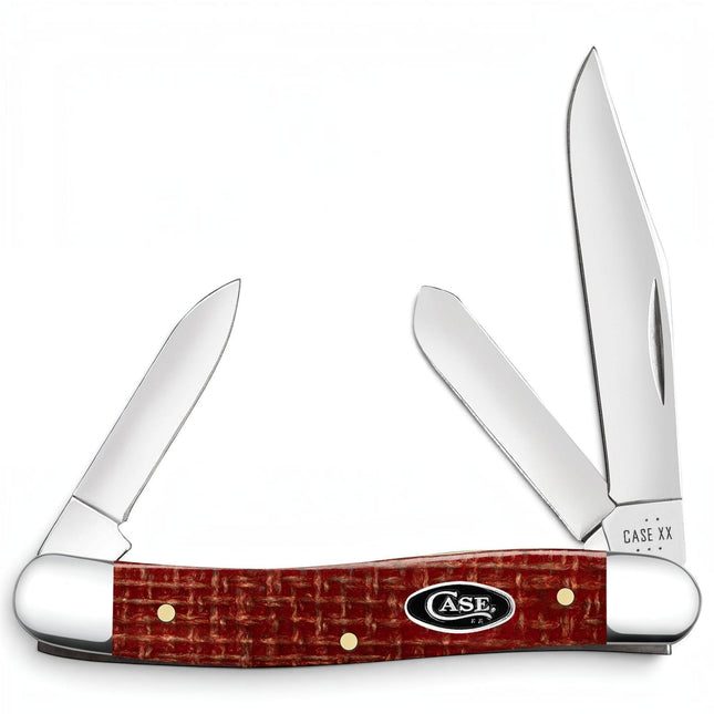 Razor Sharp AZ Case Medium Stockman pocket knife with dark red burlap Micarta handle and three polished steel blades.