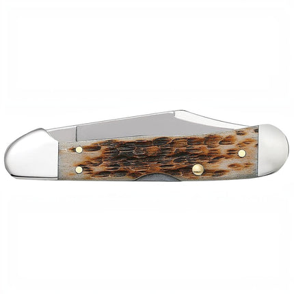Razor Sharp AZ Case Mini CopperLock pocket knife with a peach seed jigged amber bone handle and polished steel blade.