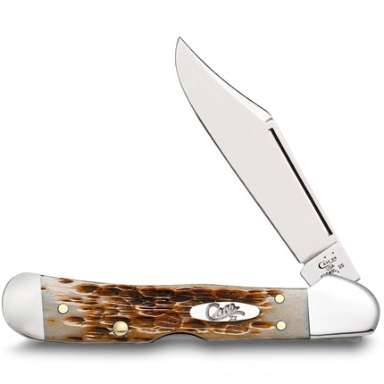 Razor Sharp AZ Case Mini CopperLock knife with a mirror-polished clip blade and peach seed jigged amber bone handle.