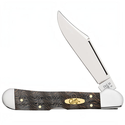 Razor Sharp AZ Case Mini CopperLock pocket knife with smooth black curly oak handle, brass shield, and steel blade.