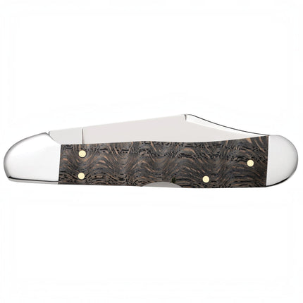 Razor Sharp AZ Case Mini CopperLock pocket knife with a smooth black curly oak wood handle and polished steel blade.