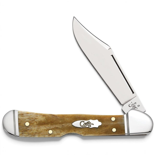 Razor Sharp AZ Case Smooth Antique Bone Mini CopperLock pocket knife with a mirror-polished stainless steel blade.
