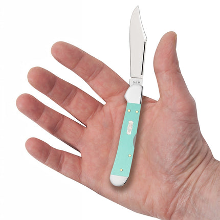 Razor Sharp AZ Case Mini CopperLock pocket knife with seafoam green G-10 handle and mirror-polished clip blade