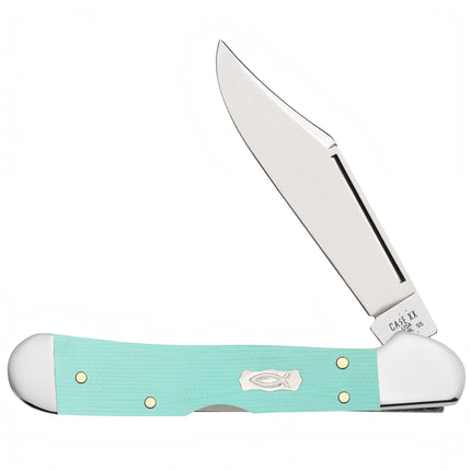 Razor Sharp AZ Case Mini CopperLock pocket knife with seafoam green G-10 handle and mirror-polished clip blade.