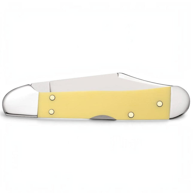 Razor Sharp AZ Case Mini CopperLock pocket knife with a yellow synthetic handle and mirror-polished carbon steel blade.