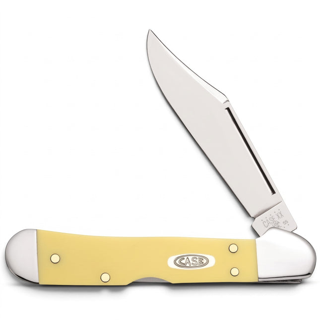 Razor Sharp AZ Case Mini CopperLock pocket knife with a yellow synthetic handle and mirror-polished carbon steel blade.