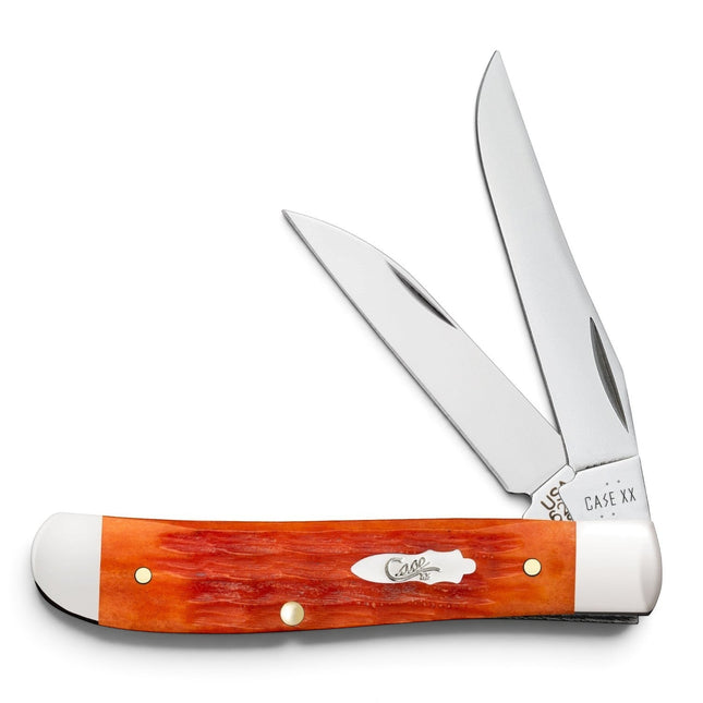 Razor Sharp AZ Case Crandall Mini Trapper knife with orange and red jigged bone handle and two stainless steel blades