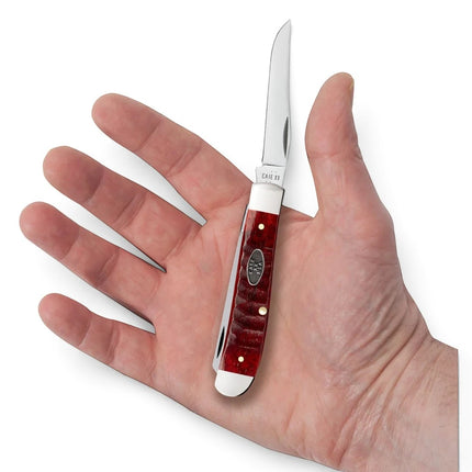 Razor Sharp AZ Case Mini Trapper knife with red gator jigged bone handle and stainless steel blades held in a hand