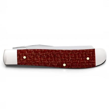 Razor Sharp AZ Case Mini Trapper knife with a dark red burlap Micarta handle and mirror-polished carbon steel blades.