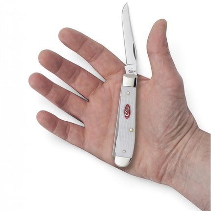 Razor Sharp AZ Case Mini Trapper knife with jigged white synthetic handle and red shield held in a palm