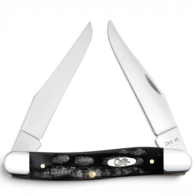 Razor Sharp AZ Case Muskrat pocket knife with jigged black buffalo horn handle and two mirror-polished clip blades