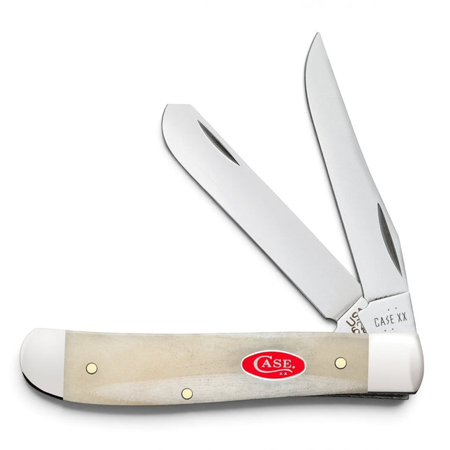 Razor Sharp AZ Case Smooth Natural Bone Mini Trapper pocket knife with two stainless steel blades and red oval shield