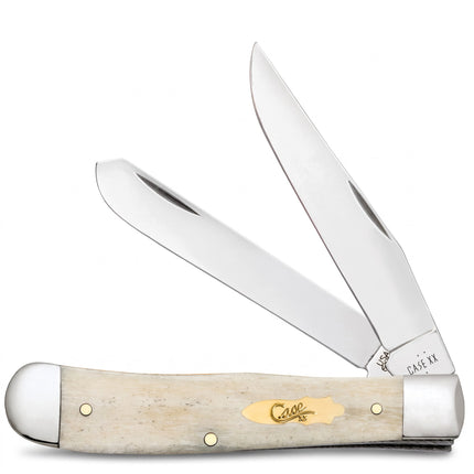 Razor Sharp AZ Case Smooth Natural Bone Trapper knife with mirror-polished stainless steel clip and spey blades.
