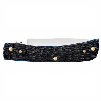 Razor Sharp AZ Case Sod Buster Jr knife with navy blue Rogers jig bone handle and polished stainless steel blade.