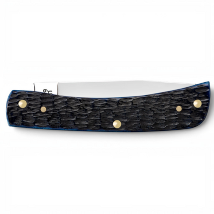 Razor Sharp AZ Case Sod Buster Jr knife with navy blue Rogers jig bone handle and polished stainless steel blade.