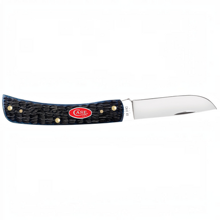Razor Sharp AZ Case Sod Buster Jr knife with navy blue Rogers jig bone handle, brass pins, and polished steel blade.