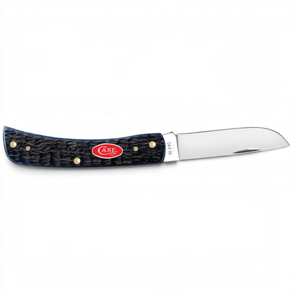 Razor Sharp AZ Case Sod Buster Jr knife with navy blue Rogers jig bone handle, brass pins, and polished steel blade.