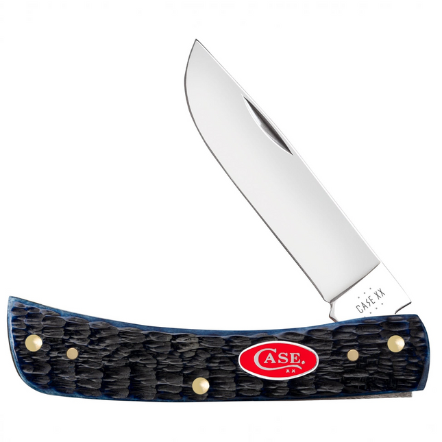 Razor Sharp AZ Case Sod Buster Jr knife with navy blue Rogers jig bone handle and mirror-polished stainless steel blade