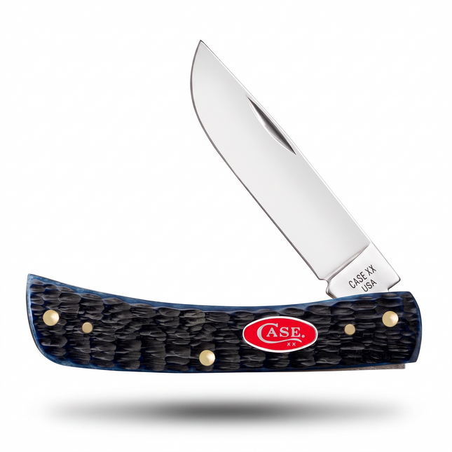 Razor Sharp AZ Case Sod Buster Jr knife with navy blue Rogers jig bone handle, red oval shield, and stainless blade.