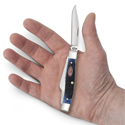 Razor Sharp AZ Case Rogers Jig navy blue bone medium stockman pocket knife with three polished steel blades in hand