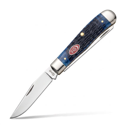 Razor Sharp AZ Case Rogers Jig Navy Blue Bone Trapper knife with stainless steel clip blade and red oval shield