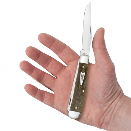 Razor Sharp AZ Case Smooth Olive Bone Trapper folding knife with mirror-polished blades held in a hand.
