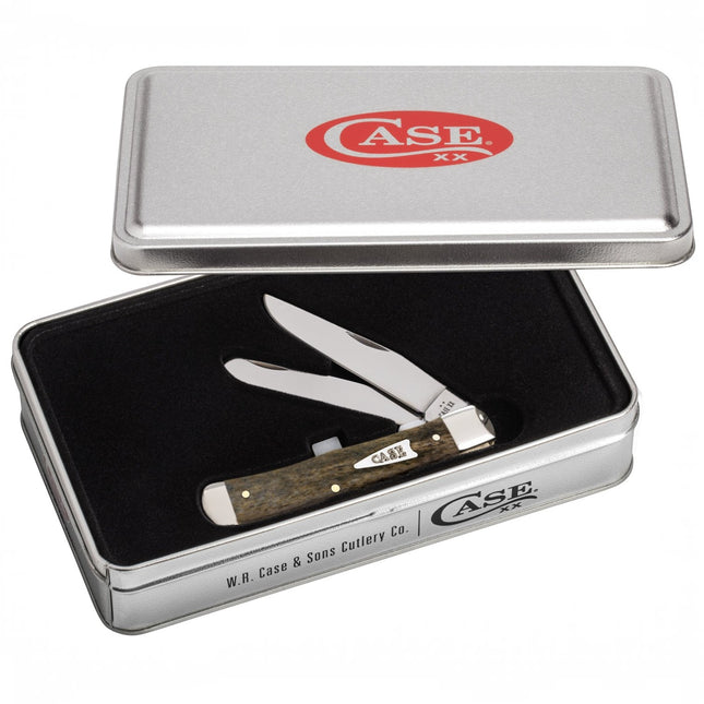 Razor Sharp AZ Case Smooth Olive Bone Trapper folding knife with two mirror-polished blades in a branded metal tin.