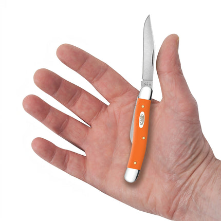 Razor Sharp AZ Case Smooth Orange Synthetic Medium Jack pocket knife with stainless steel blades held in a hand