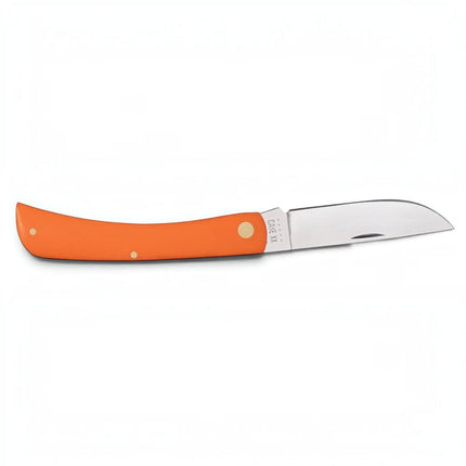 Razor Sharp AZ Case Orange Synthetic Sod Buster folding knife with a mirror-polished stainless steel skinner blade.