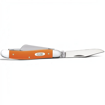 Razor Sharp AZ Case Smooth Orange Synthetic Medium Stockman pocket knife with one blade open and two blades closed.