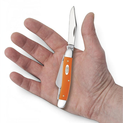 Razor Sharp AZ Case Smooth Orange Synthetic Medium Stockman pocket knife with three stainless steel blades in hand