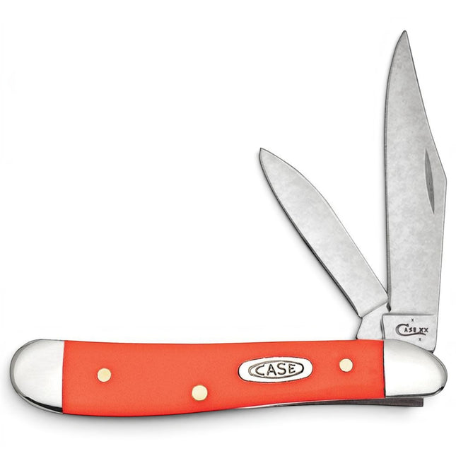 Razor Sharp AZ Case Smooth Orange Synthetic Peanut pocket knife with two mirror-polished stainless steel blades.