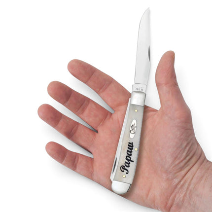 Razor Sharp AZ Case Papaw Trapper pocket knife with smooth natural bone handle and mirror-polished steel blades