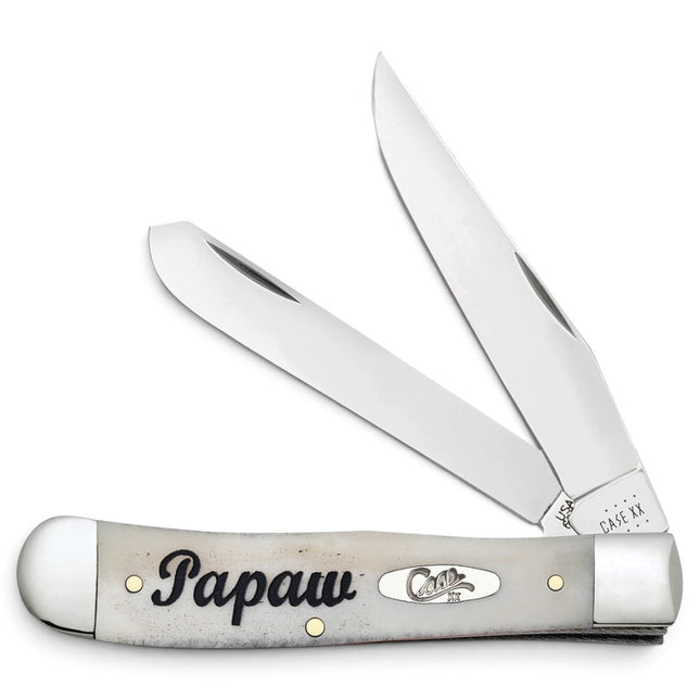 Razor Sharp AZ Case Papaw Trapper pocket knife with smooth natural bone handle and mirror-polished steel blades