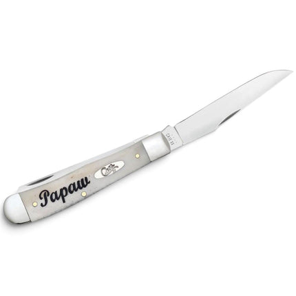 Razor Sharp AZ Case Papaw Trapper pocket knife with a smooth natural bone handle and mirror-polished steel blade.