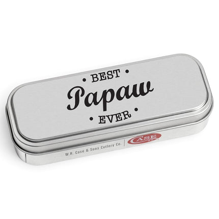 Razor Sharp AZ Case Papaw pocket knife gift tin with Best Papaw Ever text on a brushed metal surface