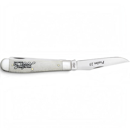 Razor Sharp AZ Case Trapper knife with smooth natural bone handle featuring Psalm 23 scripture and mirror-polished blade