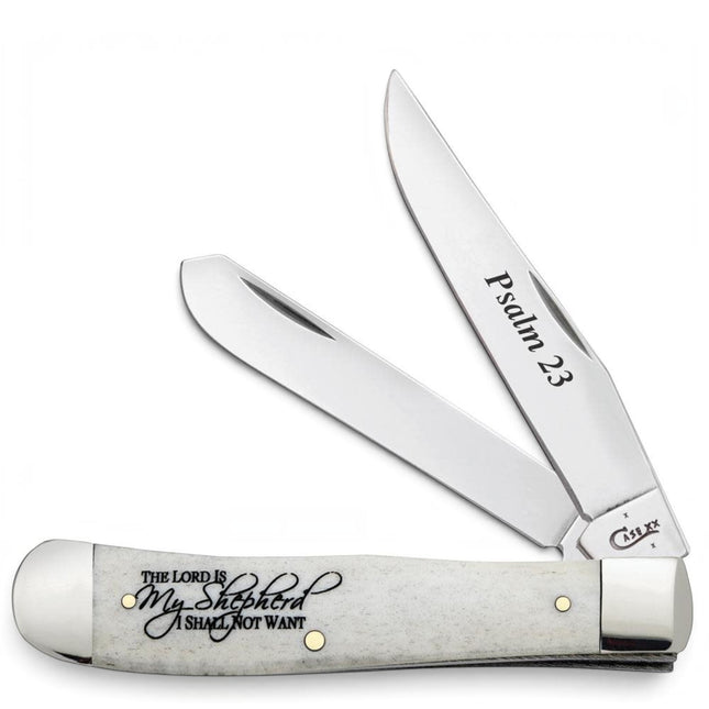 Razor Sharp AZ Case Psalm 23 Trapper knife with smooth natural bone handle and mirror-polished stainless steel blades
