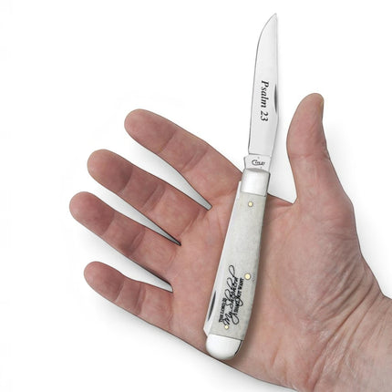 Razor Sharp AZ Case Trapper knife with smooth natural bone handle featuring Psalm 23 scripture held in a hand