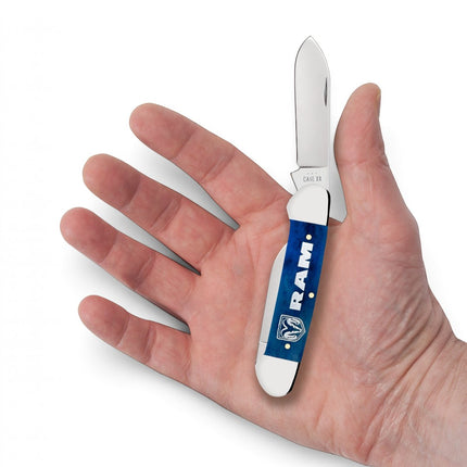 Razor Sharp AZ Case RAM embellished navy blue bone canoe pocket knife with mirror-polished blades held in a hand