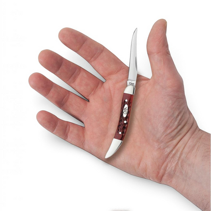 Razor Sharp AZ Case Pocket Worn Old Red Bone Small Texas Toothpick knife with a mirror-polished stainless steel blade.