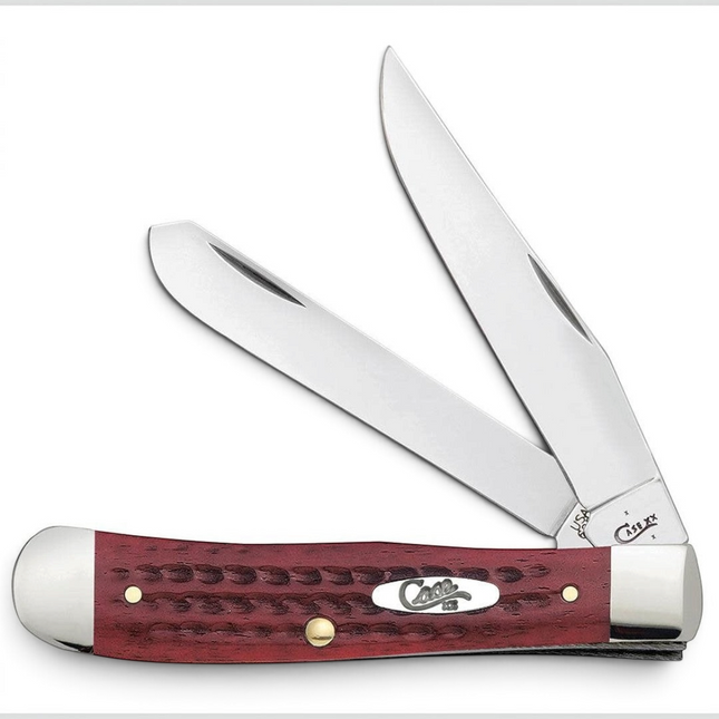 Razor Sharp AZ Case Trapper knife with red bone corn cob jigged handle and dual mirror-polished stainless steel blades
