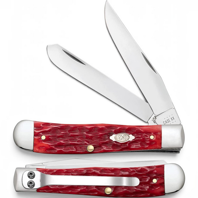 Razor Sharp AZ Case Peach Seed Jig Trapper knife with dark red bone handle, mirror-polished blades, and pocket clip.