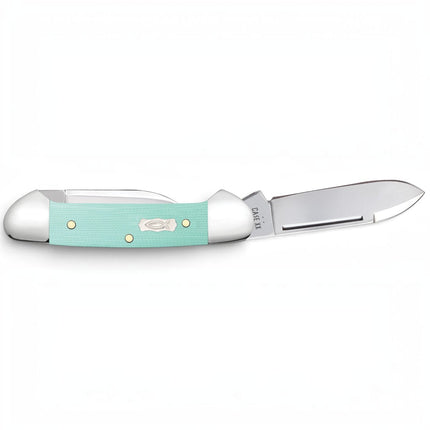 Razor Sharp AZ Case Baby Butterbean folding knife with smooth seafoam green G-10 handle and Ichthus shield
