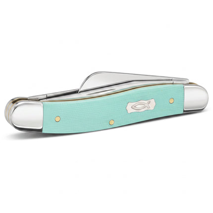 Razor Sharp AZ Case Medium Stockman pocket knife with seafoam green G-10 handles and an Ichthus shield inlay.