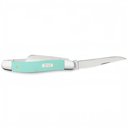 Razor Sharp AZ Case Medium Stockman pocket knife with seafoam green G-10 handles and an Ichthus shield inlay.