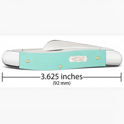 Razor Sharp AZ Case Medium Stockman pocket knife with seafoam green G-10 handles and an Ichthus shield inlay.